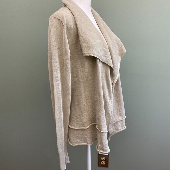 Elie Tahari Linen Silk Open Front Cardigan Tiered Waterfall Tan Womens Medium - Picture 4 of 11